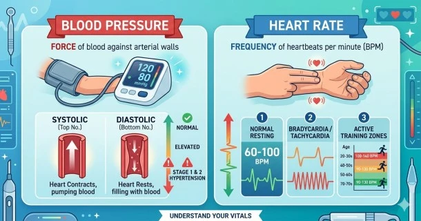 An educational medical comparison infographic cleanly divided into two thematic blocks. The left section tracks blood pressure mechanisms, demonstrating an automatic arm cuff monitor alongside structural diagnostic columns. The right section tracks heart rate dynamics, mapping normal resting metrics, clinical bradycardia, and age-adapted active training pulse zones.