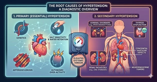 An advanced medical comparison infographic tracking the two physiological paths of high blood pressure. The left section, titled 'Primary Essential Hypertension', covers multi-factorial triggers like genetic family history, salt sensitivity, and structural blood vessel changes. The right section, titled 'Secondary Hypertension', explicitly highlights underlying medical conditions, showcasing professional medical illustrations of a kidney with renal stenosis and an adrenal tumor.