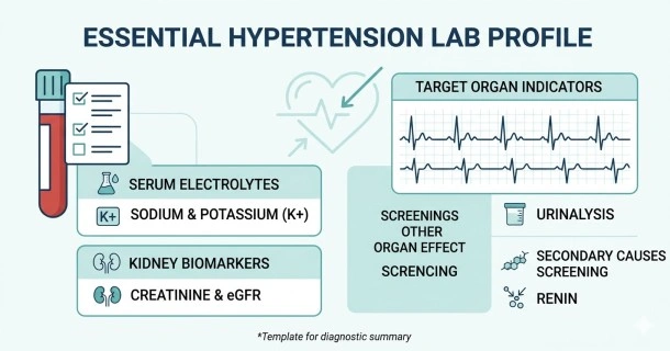 A clean medical infographic template titled 'Essential Hypertension Lab Profile'. The left side shows a stylized blood vial checklist noting key panels such as Serum Electrolytes (Sodium and Potassium) and Kidney Biomarkers (Creatinine and eGFR). The right side includes a minimalist 12-lead electrocardiogram (ECG) waveform coupled with structural heart and kidney graphics to visually represent target organ damage and secondary causes screenings.