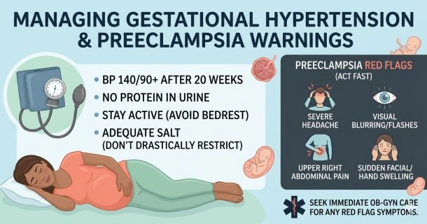 An educational web infographic tracking gestational hypertension protocols, featuring safe potassium-rich foods and modern care choices like left-side sleeping.
