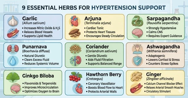 • A high-retention medical infographic chart mapping 9 herbs for high blood pressure support, detailing clear anatomical paths for vascular relaxation, smooth blood flow, and nitric oxide pathways.