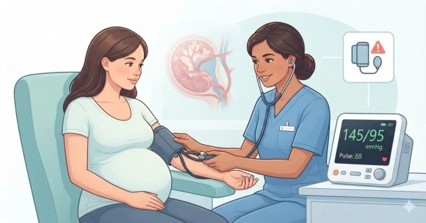 An educational graphic showing a blood pressure reading of 140/90, a pregnant silhouette, and a symptom checklist for gestational hypertension and preeclampsia.
