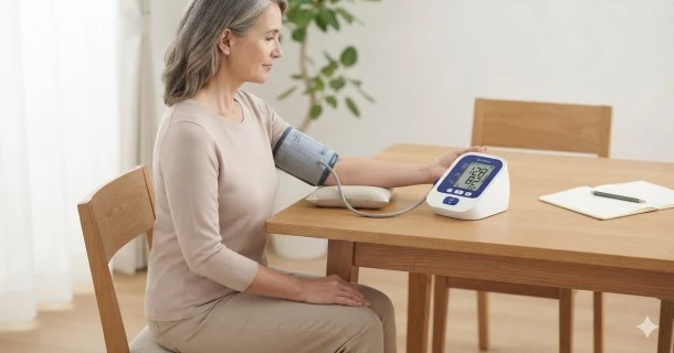 A digital automatic upper arm blood pressure monitor showing clear readings on a wooden table in a brightly lit, calming home environment.
