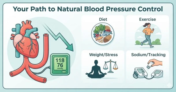 A horizontal banner showing heart-healthy DASH diet foods like beets, spinach, and avocados next to a modern digital blood pressure monitor showing a normal reading.