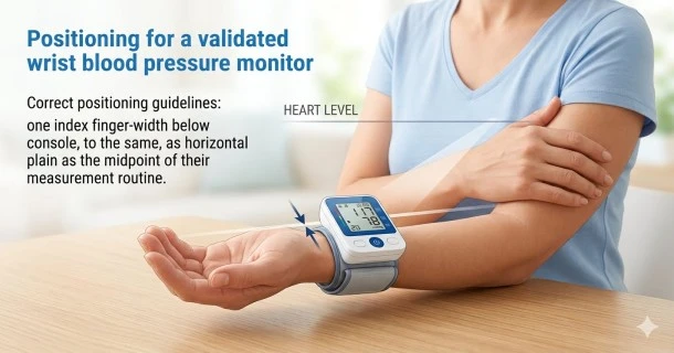 A close-up view of a digital wrist blood pressure monitor correctly positioned one index finger-width below the palm on a bare wrist, with the arm elevated across the chest to align perfectly at heart level.