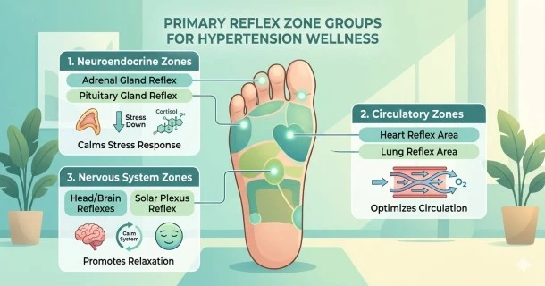 • A high-retention medical infographic map explaining the 3 primary reflex zone groups on the feet (Neuroendocrine, Circulatory, and Nervous System) targeted for natural stress reduction and blood pressure management.