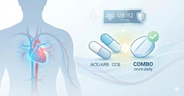 A digital blood pressure monitor showing 120/80 mmHg next to a stethoscope and prescription pills, illustrating comprehensive hypertension medical treatment.