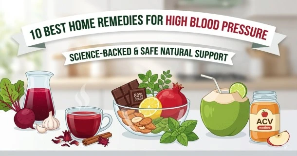 A horizontal graphic layout showcasing evidence-based natural home remedies for high blood pressure, including a fresh glass of beetroot juice, a warm cup of hibiscus tea, fresh garlic cloves, and coconut water to demonstrate non-pharmacological vascular support.