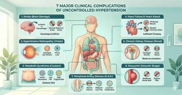 • A high-retention medical infographic map detailing 7 dangerous clinical complications of uncontrolled high blood pressure, illustrating severe systemic effects on the brain, heart, kidneys, and eyes.