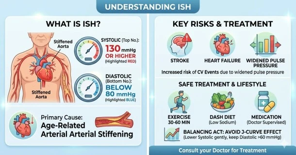 A digital blood pressure monitor showing a high systolic top number and a normal diastolic bottom number next to graphic icons illustrating age-related arterial stiffness, low-sodium diet, and cardiorespiratory exercise.