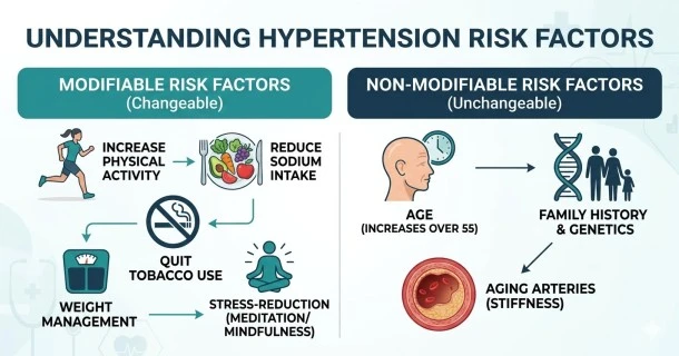 An educational medical infographic comparing hypertension risk factors. The layout is divided into a blue section on the left detailing 'Modifiable Risk Factors' (highlighting high-sodium foods, physical inactivity, and stress) and a purple section on the right detailing 'Non-Modifiable Risk Factors' (highlighting structural vascular aging, genetic family history, and associated chronic conditions).