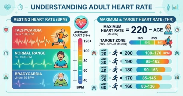 An educational medical infographic explaining heart rate concepts. The graphic includes a clinical chart that visually differentiates standard resting heart rate parameters (normal, bradycardia, and tachycardia classifications) alongside an easy-to-read cardio fitness table demonstrating target training ranges calculated between 50% and 85% maximum capacity based on age.