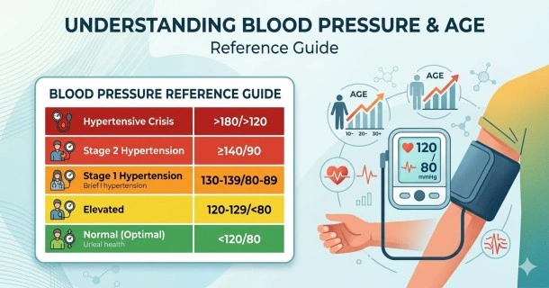 Understanding Blood Pressure & Age'. The left panel displays a clean, color-coded ACC/AHA classification table defining normal ranges (under 120/80 mmHg in green), elevated (yellow), stage 1 (orange), stage 2 (red), and hypertensive crisis (dark red). The right panel shows an automated digital arm cuff monitor displaying a healthy 120/80 mmHg alongside age-progression trend line graphics.