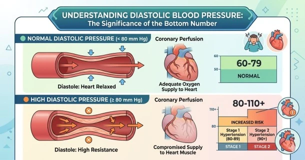 An explanatory medical infographic explaining diastolic blood pressure. The layout illustrates a cross-section of the human heart in its resting diastole phase as chambers safely refill with blood, alongside clear clinical marker comparisons defining normal resting ranges versus elevated peripheral vascular resistance thresholds.