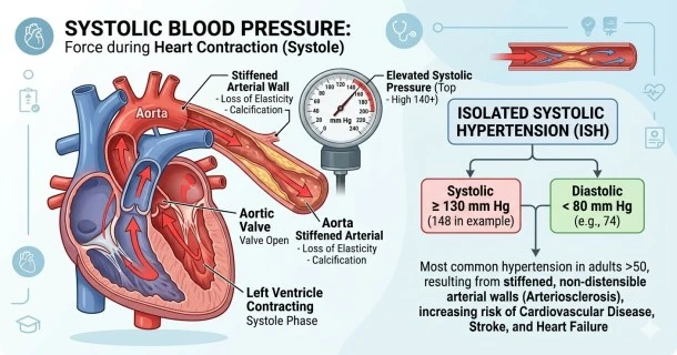 Medical infographic detailing systolic blood pressure mechanisms. Left panel demonstrates optimal blood flow through a highly elastic artery under 120 mmHg. Right panel illustrates age-related vascular stiffness and plaque formation resulting in isolated systolic hypertension above 140 mmHg.