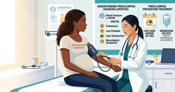 An educational chart detailing the clinical criteria for a preeclampsia diagnosis, outlining blood pressure rules alongside severe system indicators like liver or kidney involvement.