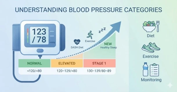 A digital blood pressure monitor showing an elevated reading next to a fresh red apple and a fitness mat, illustrating natural ways to reverse prehypertension through lifestyle changes.