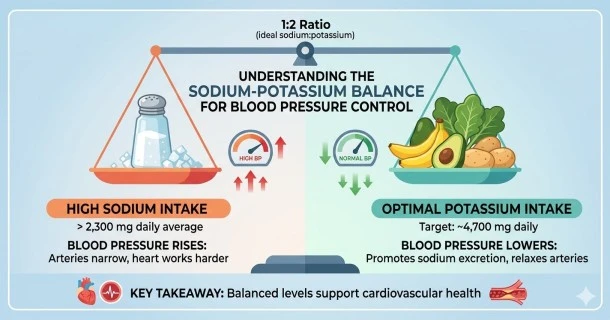An educational health banner diagram showcasing the contrast between a sodium salt shaker and natural potassium sources like potatoes, bananas, and dark leafy spinach to highlight blood pressure control.