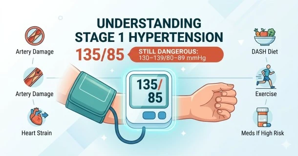An illustrative medical infographic for Stage 1 Hypertension showing the updated 130 to 139 mmHg range and key prevention habits like the DASH diet, 150 minutes of exercise, and routine blood pressure monitoring.