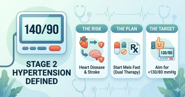 A detailed Stage 2 Hypertension medical infographic displaying a digital blood pressure arm monitor reading 145/95 mmHg, complete with visual warnings for stroke and heart failure risks alongside management tools like the DASH diet and dual-medication therapy.