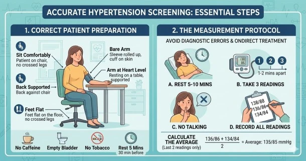 An educational medical infographic explaining diagnostic guidelines for a proper hypertension screening. The left panel shows correct patient body positioning, with feet flat on the floor, back supported, and arm extended at heart level with an automated monitor cuff. The right panel illustrates the four core preparation rules using visual icons: avoiding coffee or tobacco for 30 minutes, keeping an empty bladder, sitting quietly for 5 minutes, and taking 3 distinct readings to calculate an accurate average