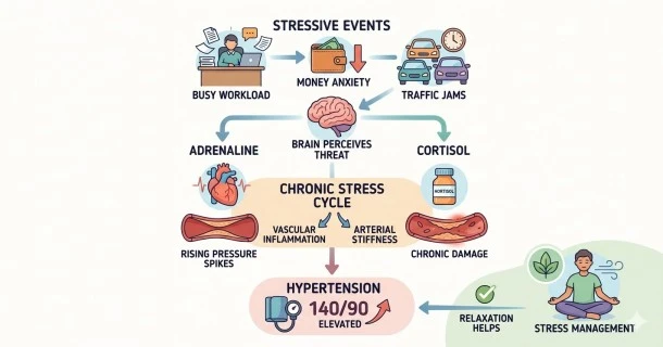 An educational horizontal health banner outlining how deep breathing exercises, mindfulness meditation, and nature exposure counteract adrenaline and cortisol to help reverse stress-induced hypertension.