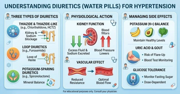 A medical infographic detailing the three main types of diuretics: Thiazide, Loop, and Potassium-Sparing, illustrating their primary targets and benefits in controlling blood pressure and fluid levels.