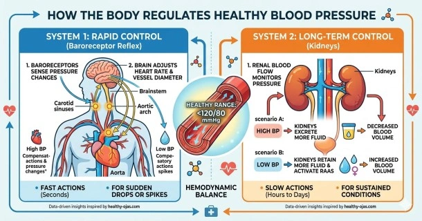healthy blood pressure range and regulation. The left panel demonstrates a digital upper-arm blood pressure monitor displaying a perfect, healthy reading of 118/75 mm Hg, marked as 'Healthy Baseline Target'. The right panel features a clinical overview mapping 'How the Body Regulates Blood Pressure', clearly showing the rapid-acting nervous reflex triggered by baroreceptor strain alongside the slow-acting backup system managed by the kidneys to regulate fluid volume.