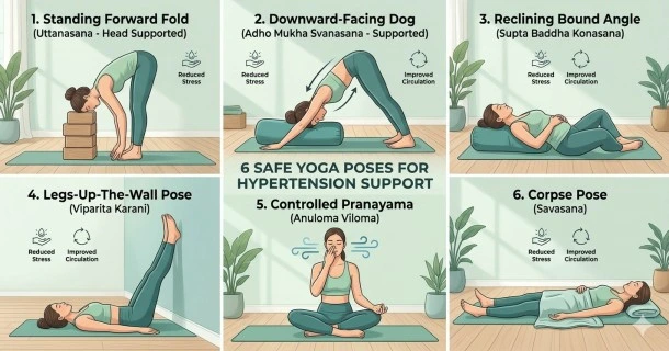 A high-retention medical infographic map detailing 6 safe yoga poses and breathing exercises tailored for hypertension management, including Uttanasana with support, Viparita Karani, and Savasana.
