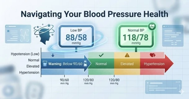 Medical illustration showing a low blood pressure reading of 88/56 mm Hg on a digital monitor alongside a diagram of a heart and vascular system, representing hypotension.