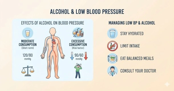 Medical infographic diagram illustrating alcohol-induced orthostatic hypotension, showing how alcohol widens blood vessels and causes sudden low blood pressure, dizziness, and lightheadedness when a person stands up.