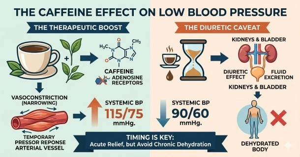 A clinical infographic detailing the caffeine effect on low blood pressure, demonstrating the mechanism of adenosine inhibition and acute vasoconstriction along with warnings regarding its diuretic properties.