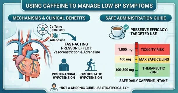 A clinical medical infographic banner detailing caffeine therapy for hypotension, explaining how it blocks adenosine to constrict blood vessels, helps manage post-meal dizziness, and outlines a safe daily threshold of 100-300 mg with a warning against bedtime use.