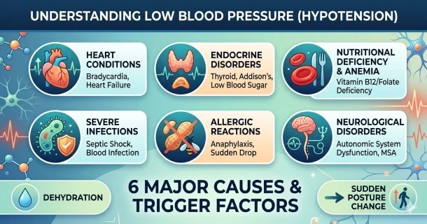 A medical infographic banner illustrating the causes of low blood pressure. The graphic splits factors into systemic triggers (dehydration and infection) and internal clinical conditions (endocrine imbalances and heart complications) alongside a digital blood pressure monitor showing a reading below 90/60 mmHg.