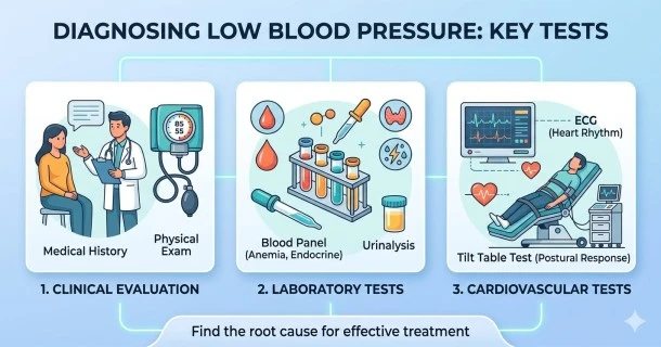 An infographic showcasing clinical diagnostic methods for low blood pressure. The graphic illustrates multi-panel categories such as checking metabolic panels via blood work, analyzing heart health with an EKG heart monitor, and testing body positioning using a standardized tilt-table setup.