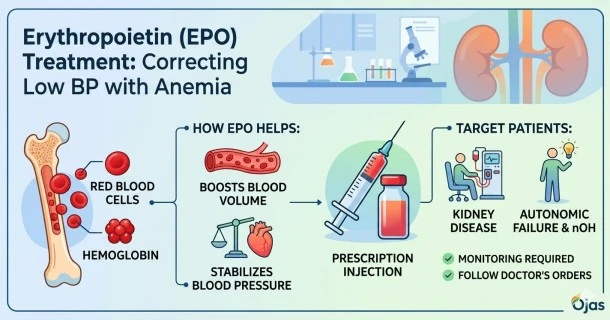 A clinical medical infographic banner detailing Erythropoietin (EPO) therapy for hypotension. The layout covers how the hormone stimulates bone marrow to make red blood cells, expands intravascular blood volume, and outlines strict hemoglobin target protocols to prevent cardiovascular clots.
