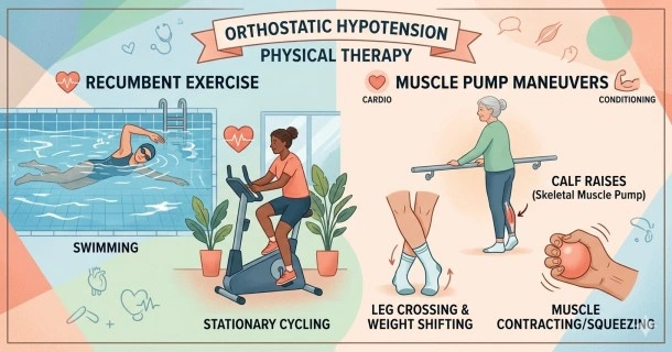 A physical therapy infographic for orthostatic hypotension, illustrating safe recumbent exercises like swimming and stationary cycling alongside lower-body conditioning maneuvers like chair squats and physical counter-maneuvers.