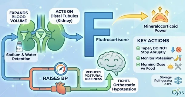 A clinical medical infographic banner detailing Fludrocortisone therapy, highlighting a medication bottle, renal sodium and water absorption targets, and vital fluid retention mechanisms on a clean healthcare background.