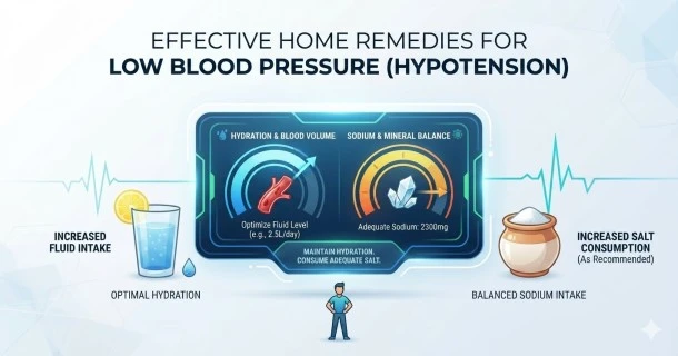 An illustrative infographic for low blood pressure home remedies, presenting a glass of water with lemon for daily hydration, a dish of sea salt, and a pair of rolled-up compression stockings on a bright, minimalist medical background