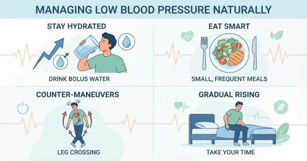 Infographic illustration detailing non-pharmacological treatments for low blood pressure, showing clinical lifestyle changes like proper hydration and gradual postural transitions.