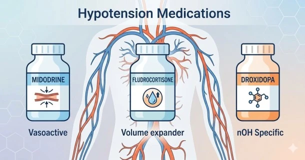 A clinical medical illustration for prescription hypotension medications, featuring organized pharmaceutical bottles labeled Midodrine, Fludrocortisone, and Droxidopa against a clean, light-blue healthcare backdrop with a soft cardiovascular pulse line.