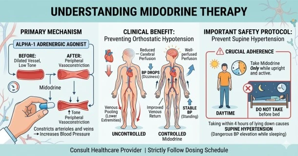 A clinical medical illustration banner for Midodrine therapy, highlighting its peripheral alpha-1 vasoconstriction mechanism, the prevention of standing blood pooling, and a crucial upright safety protocol to prevent supine hypertension.