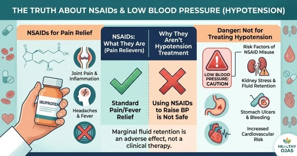 A clinical medical infographic banner addressing the misconception that NSAIDs treat hypotension. The image highlights common pain relievers like Ibuprofen and Aspirin on a healthcare background, paired with side effect warnings such as kidney strain and gastrointestinal ulcer risks, warning viewers that they are clinically unsafe for managing low blood pressure
