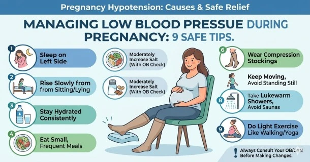 An illustrative medical infographic for managing gestational hypotension. It clearly highlights safe maternal habits: sleeping on the left side to relieve pressure on the inferior vena cava, consistent sipping hydration, small low-carb meals, and wearing graduated compression stockings on a calming, healthcare-oriented background.