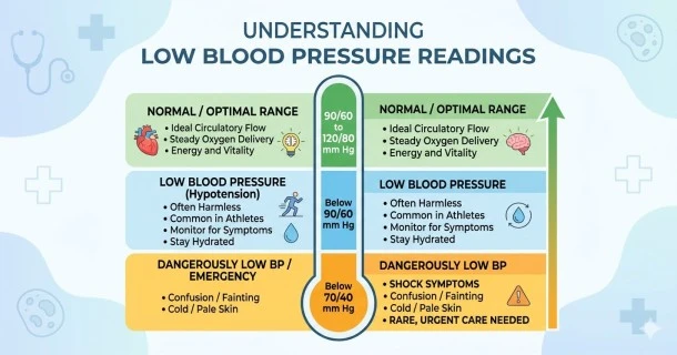 A clean medical infographic chart comparing blood pressure levels. The layout features distinct color-coded panels illustrating the numerical ranges for Normal (120/80 mmHg), Low / Hypotension (below 90/60 mmHg), and Emergency / Critical levels (below 70/40 mmHg) alongside a digital blood pressure machine.