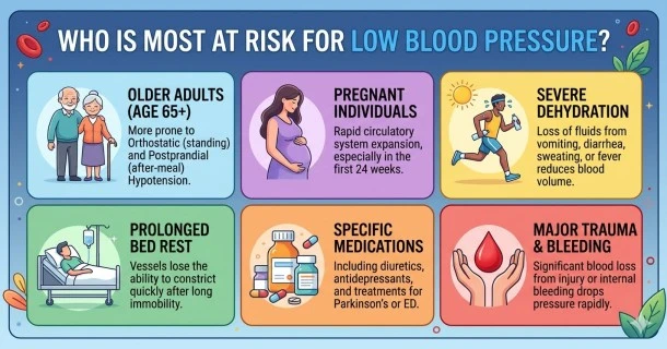 A clean medical infographic highlighting the key risk groups for hypotension. It categorizes high-risk demographics using simple visual panels including older adults over 65, pregnant women, individuals dealing with severe fluid loss, and those on specific neurological or antidepressant medications.