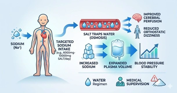 An educational medical infographic detailing clinical sodium intake guidelines for orthostatic hypotension, illustrating the physiological process of plasma volume expansion along with safe therapeutic dosage targets.