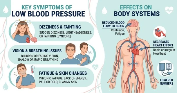 infographic banner illustrating common low blood pressure (hypotension) symptoms, highlighting stylized visual indicators for dizziness, fatigue, and sudden fainting spells alongside a digital monitor reading 85/55 mmHg