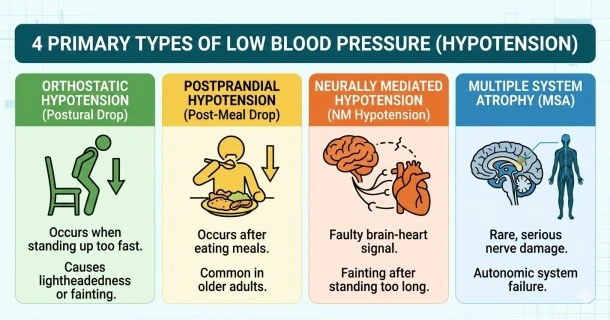A medical infographic explaining the 4 primary forms of low blood pressure. The banner divides the types into clean, distinct panels highlighting orthostatic hypotension (positional shifts), postprandial hypotension (post-meal drops), neurally mediated hypotension (brain-heart miscommunication), and Multiple System Atrophy (autonomic nervous system degradation).