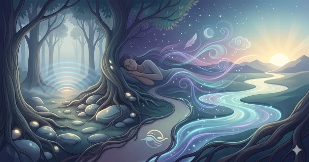 An illustrative banner with a calming dark theme, displaying a serene bedroom environment at night alongside a clean, artistic representation of balanced REM and NREM sleep cycles.